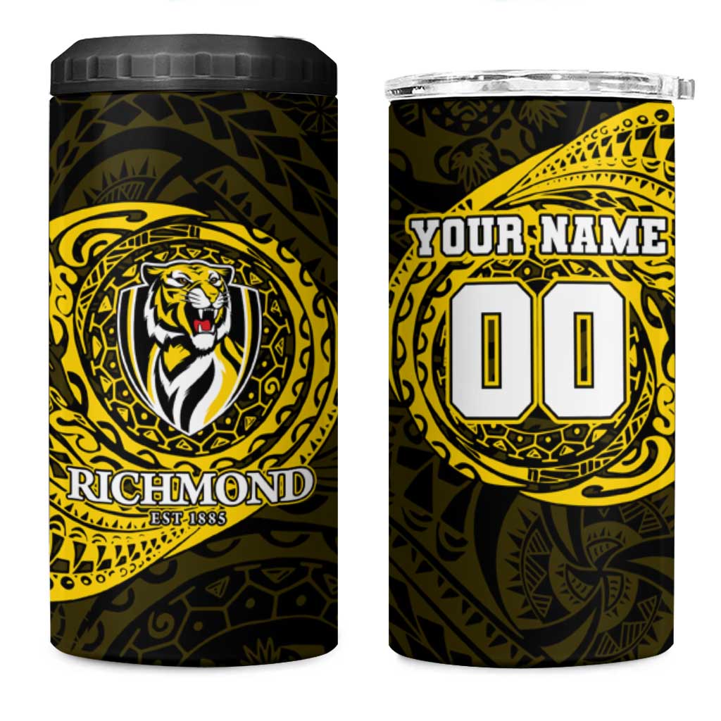 Personalized Richmond Tigers Polynesian 4 in 1 Can Cooler Tumbler Tribal Chest and Sleeve Tattoo Heritage Warrior