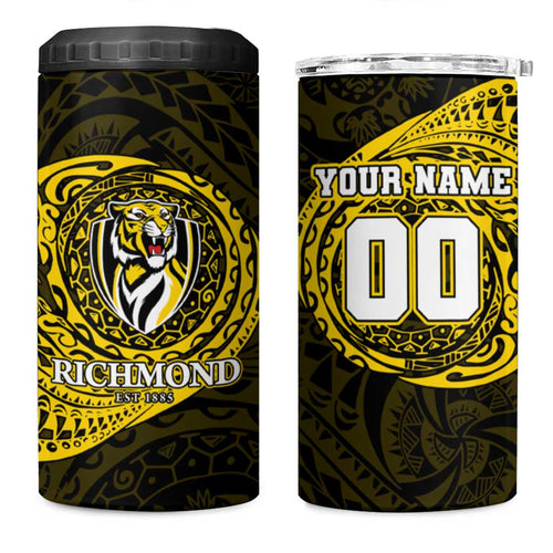 Personalized Richmond Tigers Polynesian 4 in 1 Can Cooler Tumbler Tribal Chest and Sleeve Tattoo Heritage Warrior