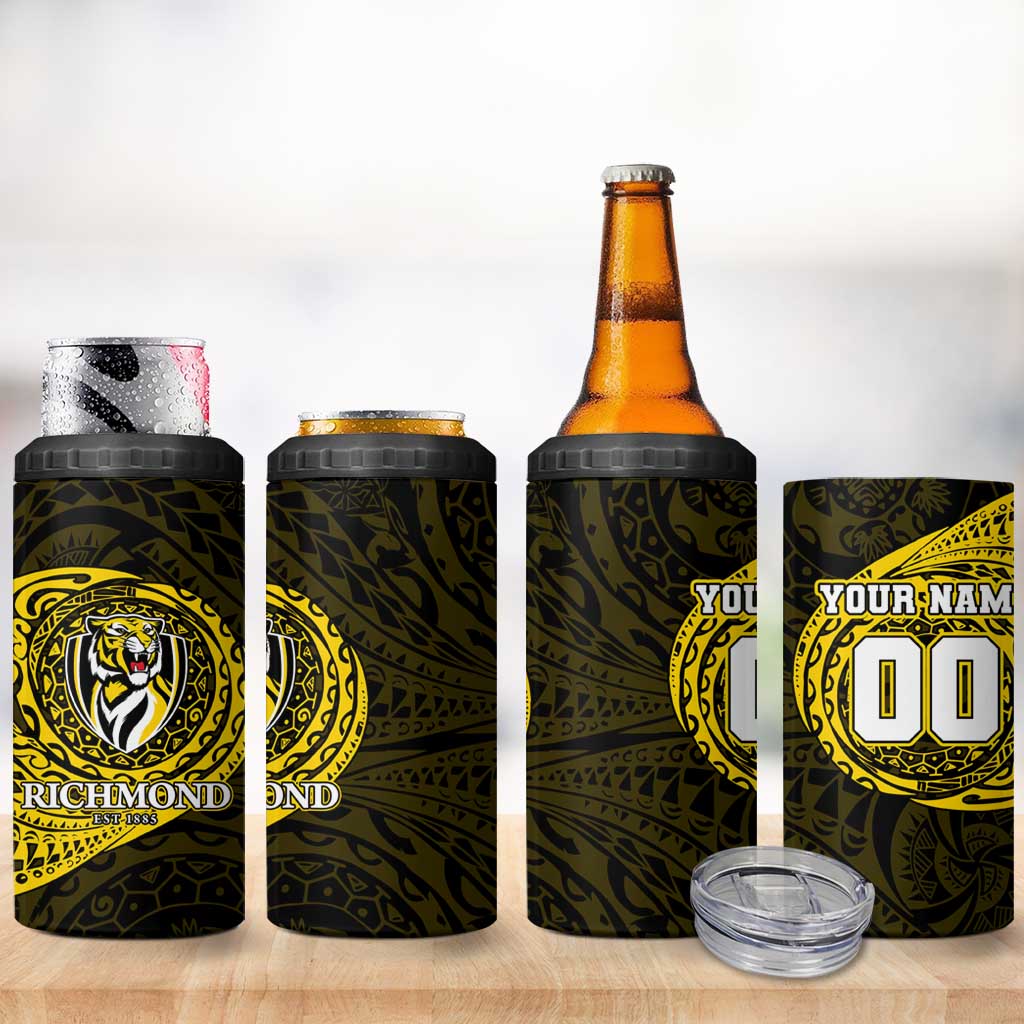 Personalized Richmond Tigers Polynesian 4 in 1 Can Cooler Tumbler Tribal Chest and Sleeve Tattoo Heritage Warrior