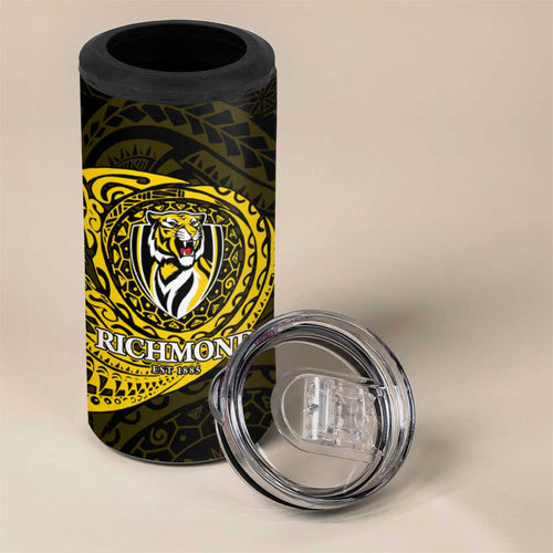 Personalized Richmond Tigers Polynesian 4 in 1 Can Cooler Tumbler Tribal Chest and Sleeve Tattoo Heritage Warrior