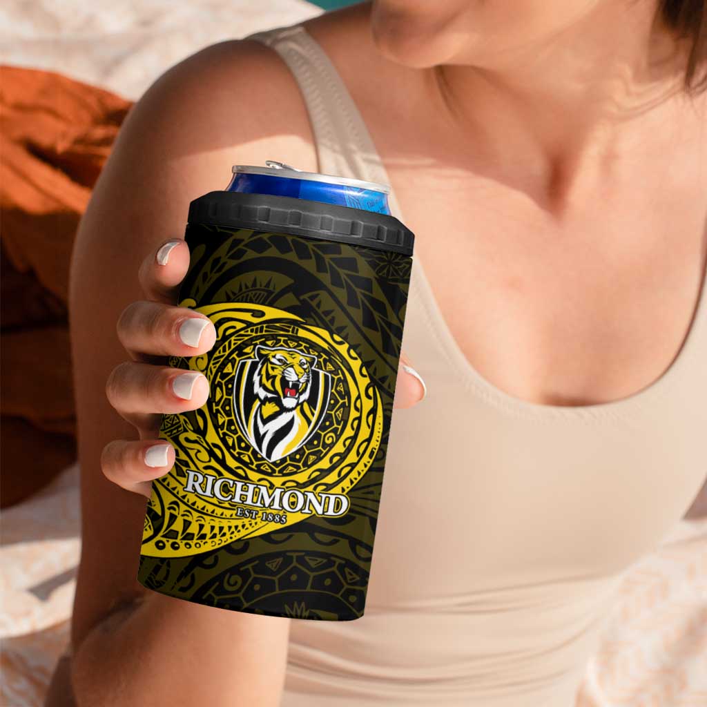 Personalized Richmond Tigers Polynesian 4 in 1 Can Cooler Tumbler Tribal Chest and Sleeve Tattoo Heritage Warrior
