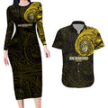 Personalized Richmond Tigers Polynesian Couples Matching Long Sleeve Bodycon Dress and Hawaiian Shirt Tribal Chest and Sleeve Tattoo Heritage Warrior