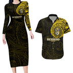 Personalized Richmond Tigers Polynesian Couples Matching Long Sleeve Bodycon Dress and Hawaiian Shirt Tribal Chest and Sleeve Tattoo Heritage Warrior