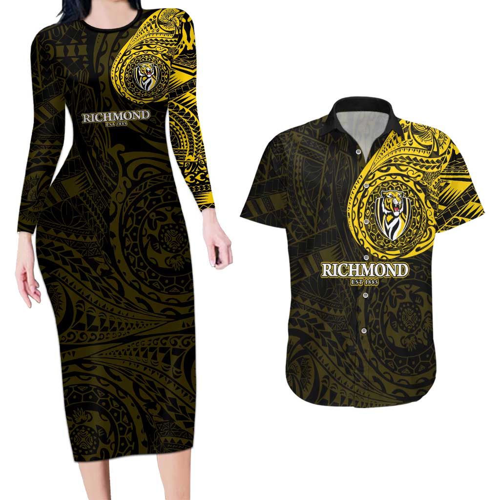 Personalized Richmond Tigers Polynesian Couples Matching Long Sleeve Bodycon Dress and Hawaiian Shirt Tribal Chest and Sleeve Tattoo Heritage Warrior
