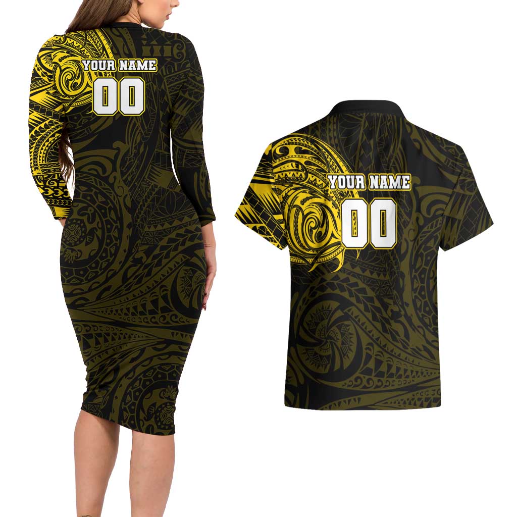 Personalized Richmond Tigers Polynesian Couples Matching Long Sleeve Bodycon Dress and Hawaiian Shirt Tribal Chest and Sleeve Tattoo Heritage Warrior