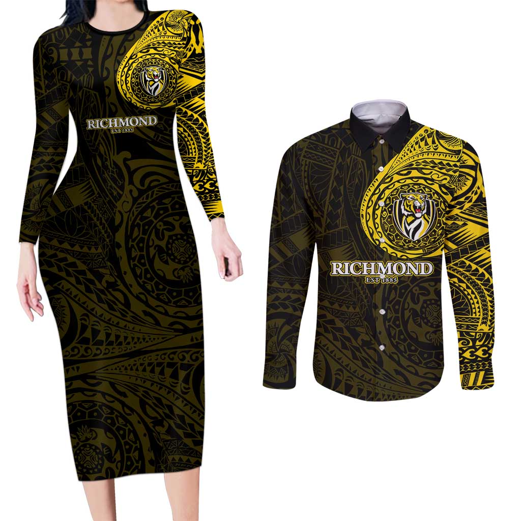 Personalized Richmond Tigers Polynesian Couples Matching Long Sleeve Bodycon Dress and Long Sleeve Button Shirt Tribal Chest and Sleeve Tattoo Heritage Warrior