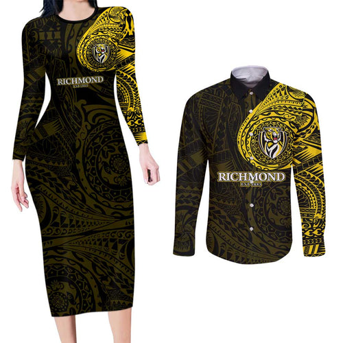 Personalized Richmond Tigers Polynesian Couples Matching Long Sleeve Bodycon Dress and Long Sleeve Button Shirt Tribal Chest and Sleeve Tattoo Heritage Warrior