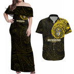 Personalized Richmond Tigers Polynesian Couples Matching Off Shoulder Maxi Dress and Hawaiian Shirt Tribal Chest and Sleeve Tattoo Heritage Warrior