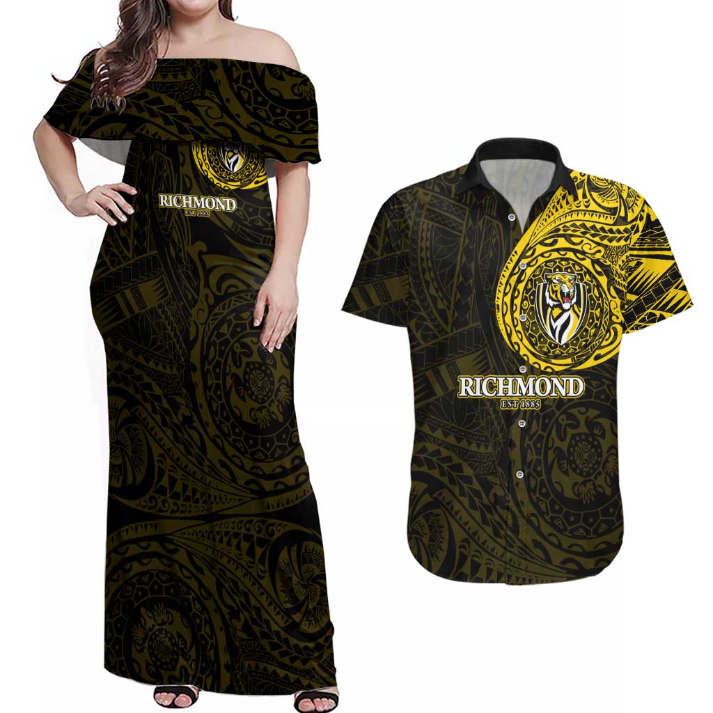 Personalized Richmond Tigers Polynesian Couples Matching Off Shoulder Maxi Dress and Hawaiian Shirt Tribal Chest and Sleeve Tattoo Heritage Warrior