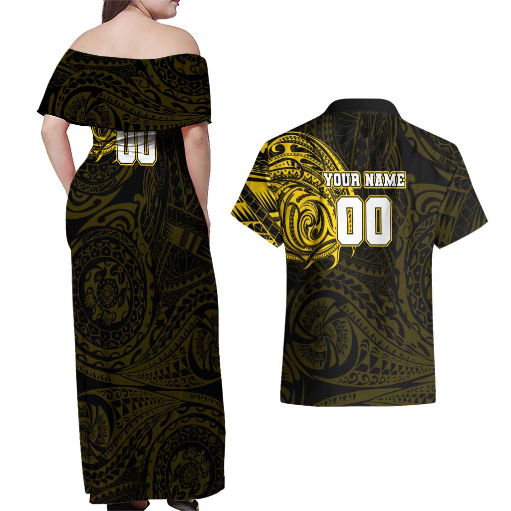 Personalized Richmond Tigers Polynesian Couples Matching Off Shoulder Maxi Dress and Hawaiian Shirt Tribal Chest and Sleeve Tattoo Heritage Warrior