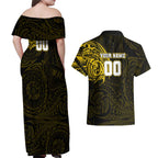 Personalized Richmond Tigers Polynesian Couples Matching Off Shoulder Maxi Dress and Hawaiian Shirt Tribal Chest and Sleeve Tattoo Heritage Warrior