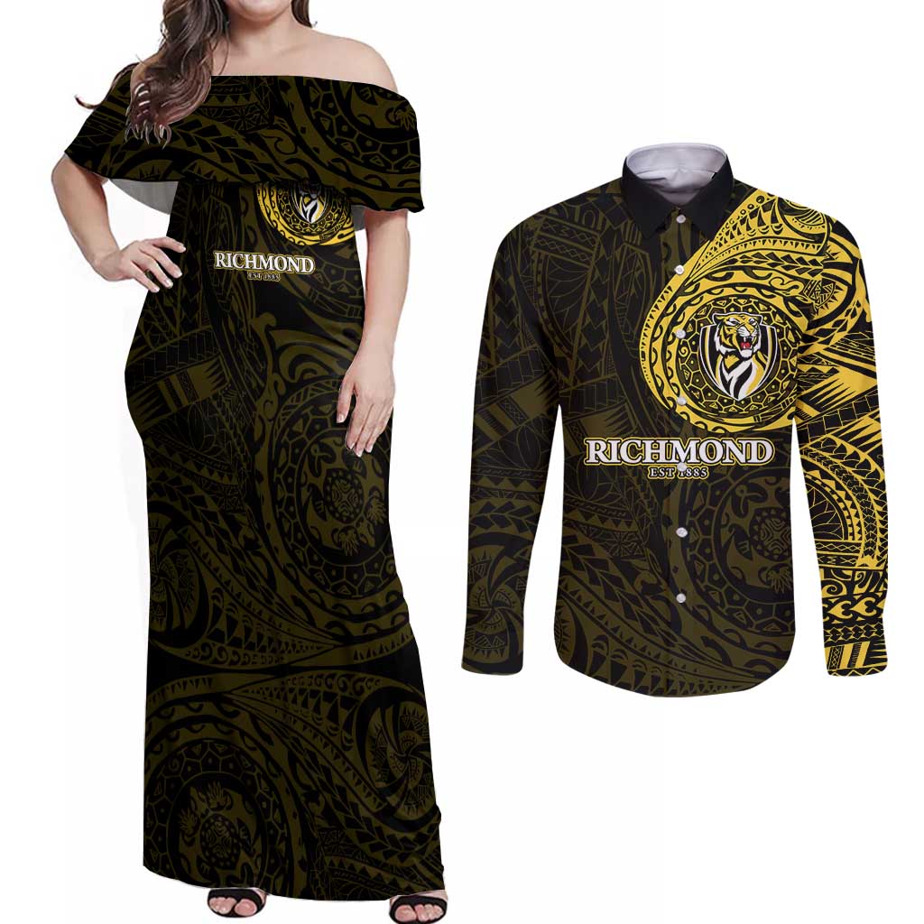 Personalized Richmond Tigers Polynesian Couples Matching Off Shoulder Maxi Dress and Long Sleeve Button Shirt Tribal Chest and Sleeve Tattoo Heritage Warrior