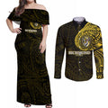 Personalized Richmond Tigers Polynesian Couples Matching Off Shoulder Maxi Dress and Long Sleeve Button Shirt Tribal Chest and Sleeve Tattoo Heritage Warrior