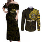 Personalized Richmond Tigers Polynesian Couples Matching Off Shoulder Maxi Dress and Long Sleeve Button Shirt Tribal Chest and Sleeve Tattoo Heritage Warrior