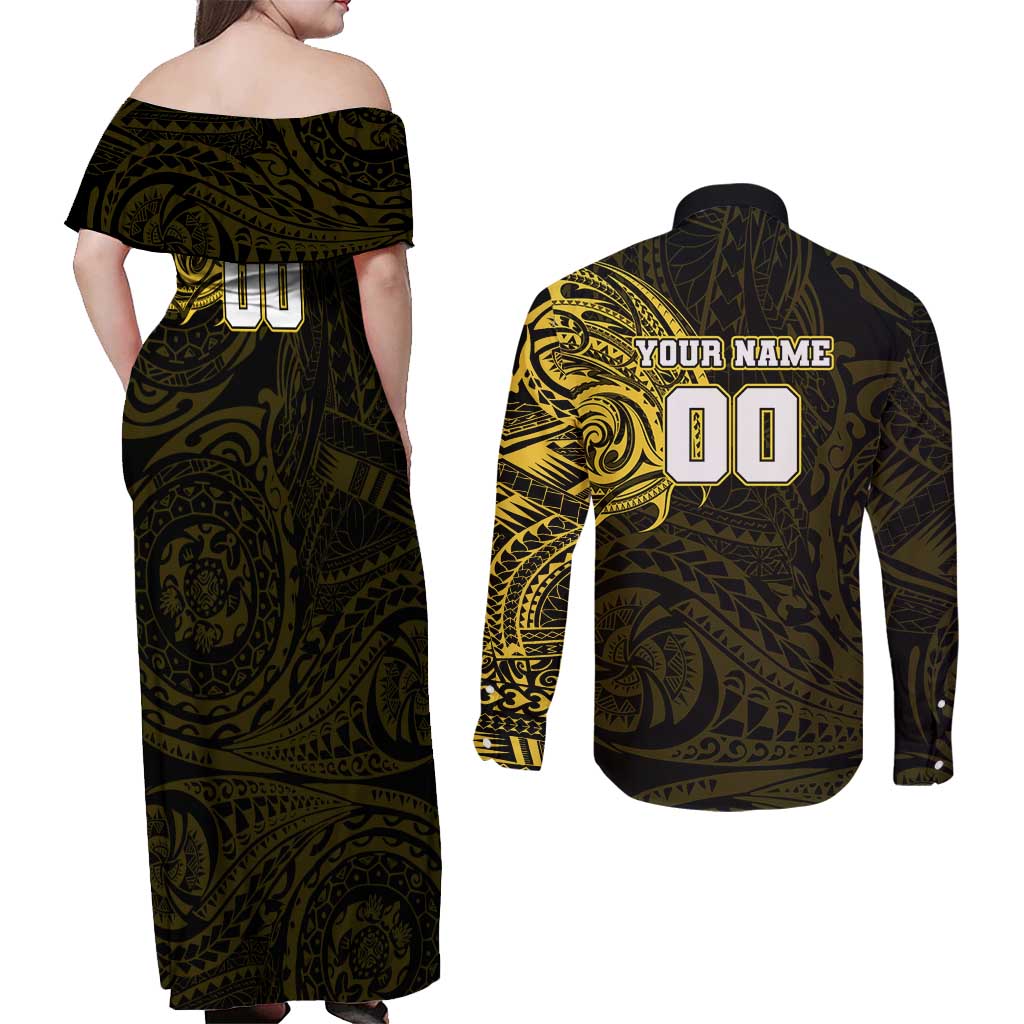 Personalized Richmond Tigers Polynesian Couples Matching Off Shoulder Maxi Dress and Long Sleeve Button Shirt Tribal Chest and Sleeve Tattoo Heritage Warrior