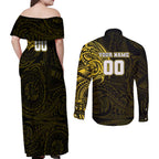 Personalized Richmond Tigers Polynesian Couples Matching Off Shoulder Maxi Dress and Long Sleeve Button Shirt Tribal Chest and Sleeve Tattoo Heritage Warrior