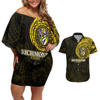Personalized Richmond Tigers Polynesian Couples Matching Off Shoulder Short Dress and Hawaiian Shirt Tribal Chest and Sleeve Tattoo Heritage Warrior