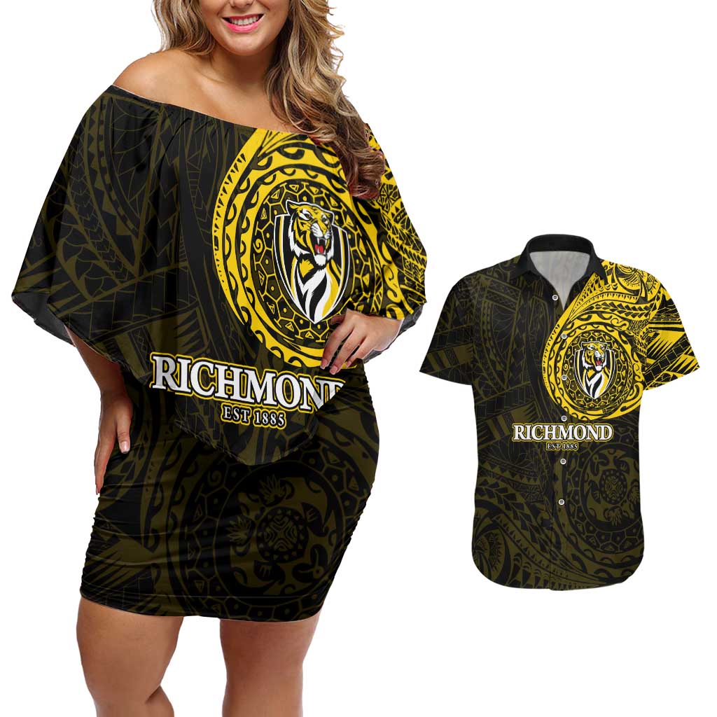 Personalized Richmond Tigers Polynesian Couples Matching Off Shoulder Short Dress and Hawaiian Shirt Tribal Chest and Sleeve Tattoo Heritage Warrior