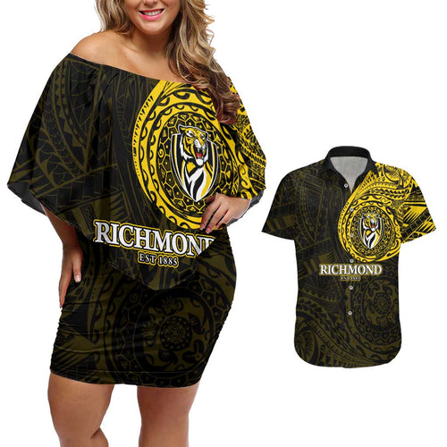 Personalized Richmond Tigers Polynesian Couples Matching Off Shoulder Short Dress and Hawaiian Shirt Tribal Chest and Sleeve Tattoo Heritage Warrior