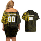 Personalized Richmond Tigers Polynesian Couples Matching Off Shoulder Short Dress and Hawaiian Shirt Tribal Chest and Sleeve Tattoo Heritage Warrior