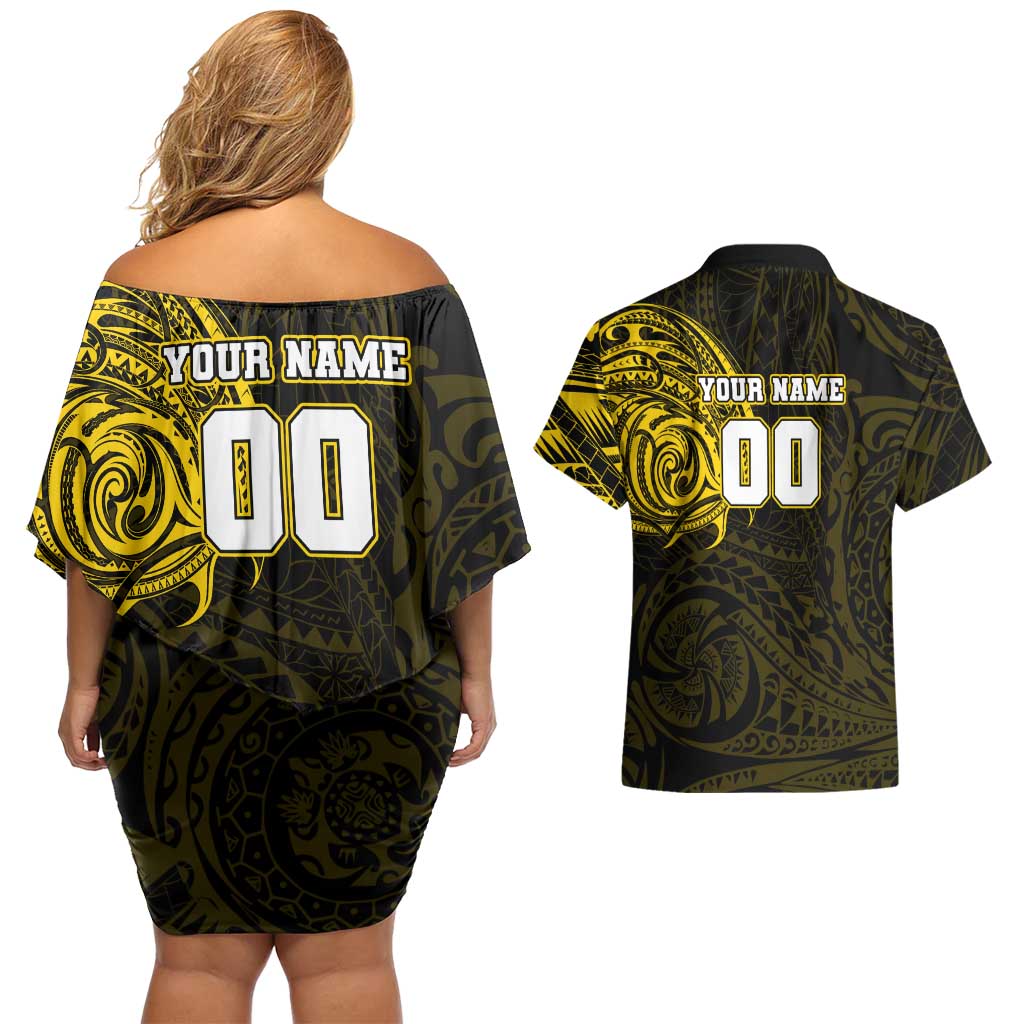 Personalized Richmond Tigers Polynesian Couples Matching Off Shoulder Short Dress and Hawaiian Shirt Tribal Chest and Sleeve Tattoo Heritage Warrior