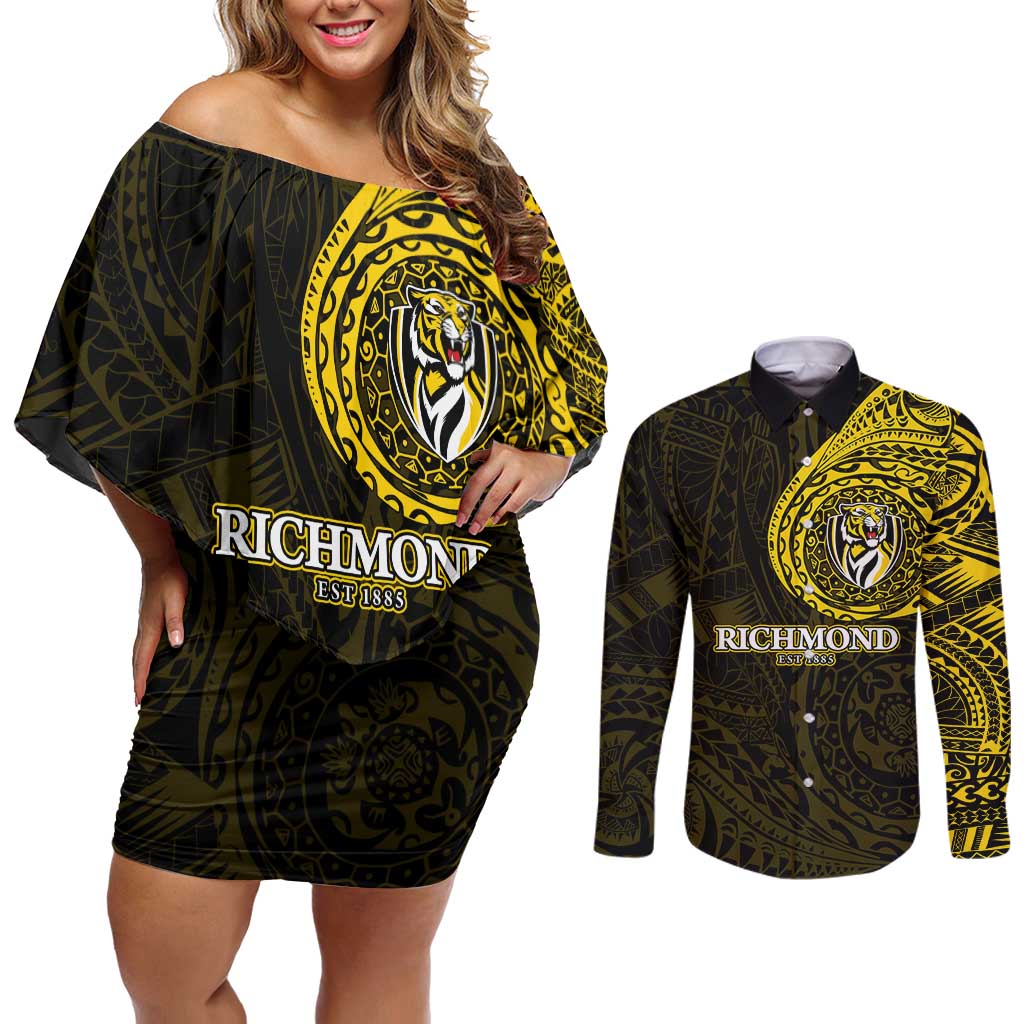 Personalized Richmond Tigers Polynesian Couples Matching Off Shoulder Short Dress and Long Sleeve Button Shirt Tribal Chest and Sleeve Tattoo Heritage Warrior