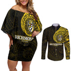 Personalized Richmond Tigers Polynesian Couples Matching Off Shoulder Short Dress and Long Sleeve Button Shirt Tribal Chest and Sleeve Tattoo Heritage Warrior