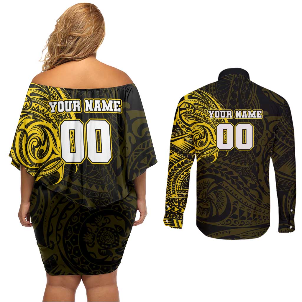 Personalized Richmond Tigers Polynesian Couples Matching Off Shoulder Short Dress and Long Sleeve Button Shirt Tribal Chest and Sleeve Tattoo Heritage Warrior