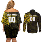 Personalized Richmond Tigers Polynesian Couples Matching Off Shoulder Short Dress and Long Sleeve Button Shirt Tribal Chest and Sleeve Tattoo Heritage Warrior