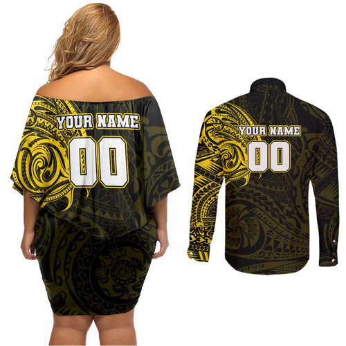 Personalized Richmond Tigers Polynesian Couples Matching Off Shoulder Short Dress and Long Sleeve Button Shirt Tribal Chest and Sleeve Tattoo Heritage Warrior