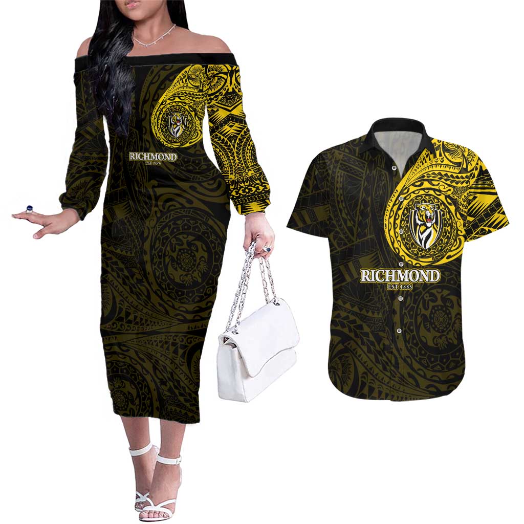 Personalized Richmond Tigers Polynesian Couples Matching Off The Shoulder Long Sleeve Dress and Hawaiian Shirt Tribal Chest and Sleeve Tattoo Heritage Warrior