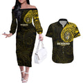 Personalized Richmond Tigers Polynesian Couples Matching Off The Shoulder Long Sleeve Dress and Hawaiian Shirt Tribal Chest and Sleeve Tattoo Heritage Warrior