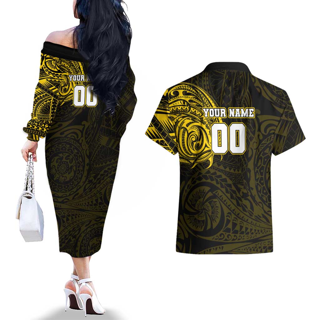 Personalized Richmond Tigers Polynesian Couples Matching Off The Shoulder Long Sleeve Dress and Hawaiian Shirt Tribal Chest and Sleeve Tattoo Heritage Warrior