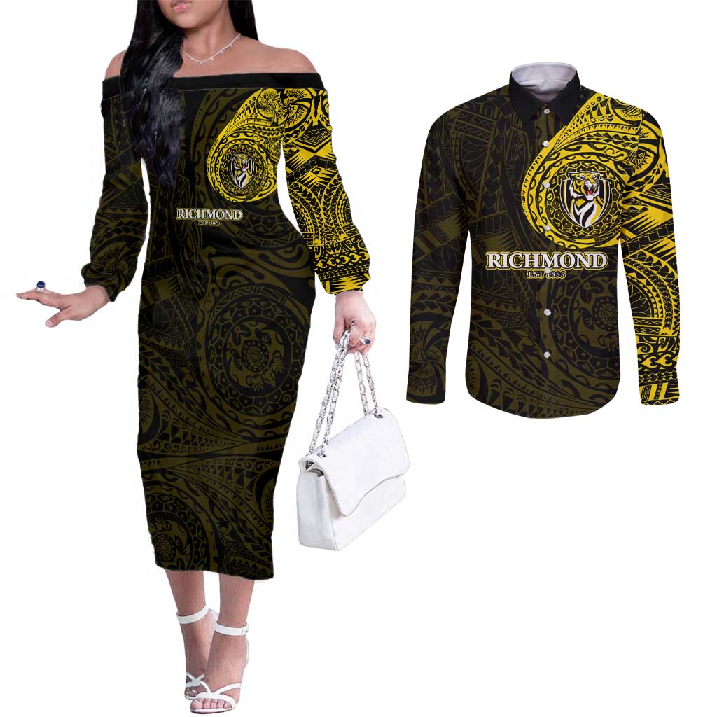 Personalized Richmond Tigers Polynesian Couples Matching Off The Shoulder Long Sleeve Dress and Long Sleeve Button Shirt Tribal Chest and Sleeve Tattoo Heritage Warrior