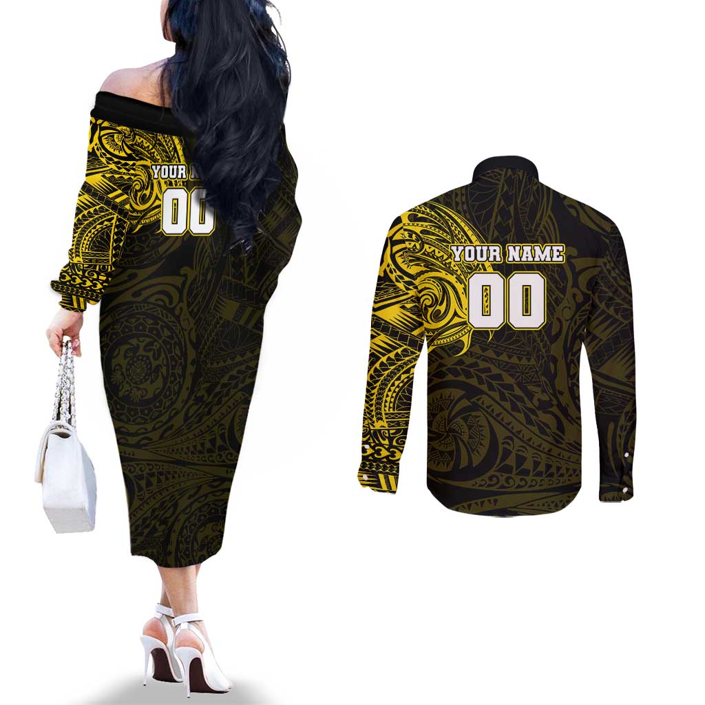 Personalized Richmond Tigers Polynesian Couples Matching Off The Shoulder Long Sleeve Dress and Long Sleeve Button Shirt Tribal Chest and Sleeve Tattoo Heritage Warrior