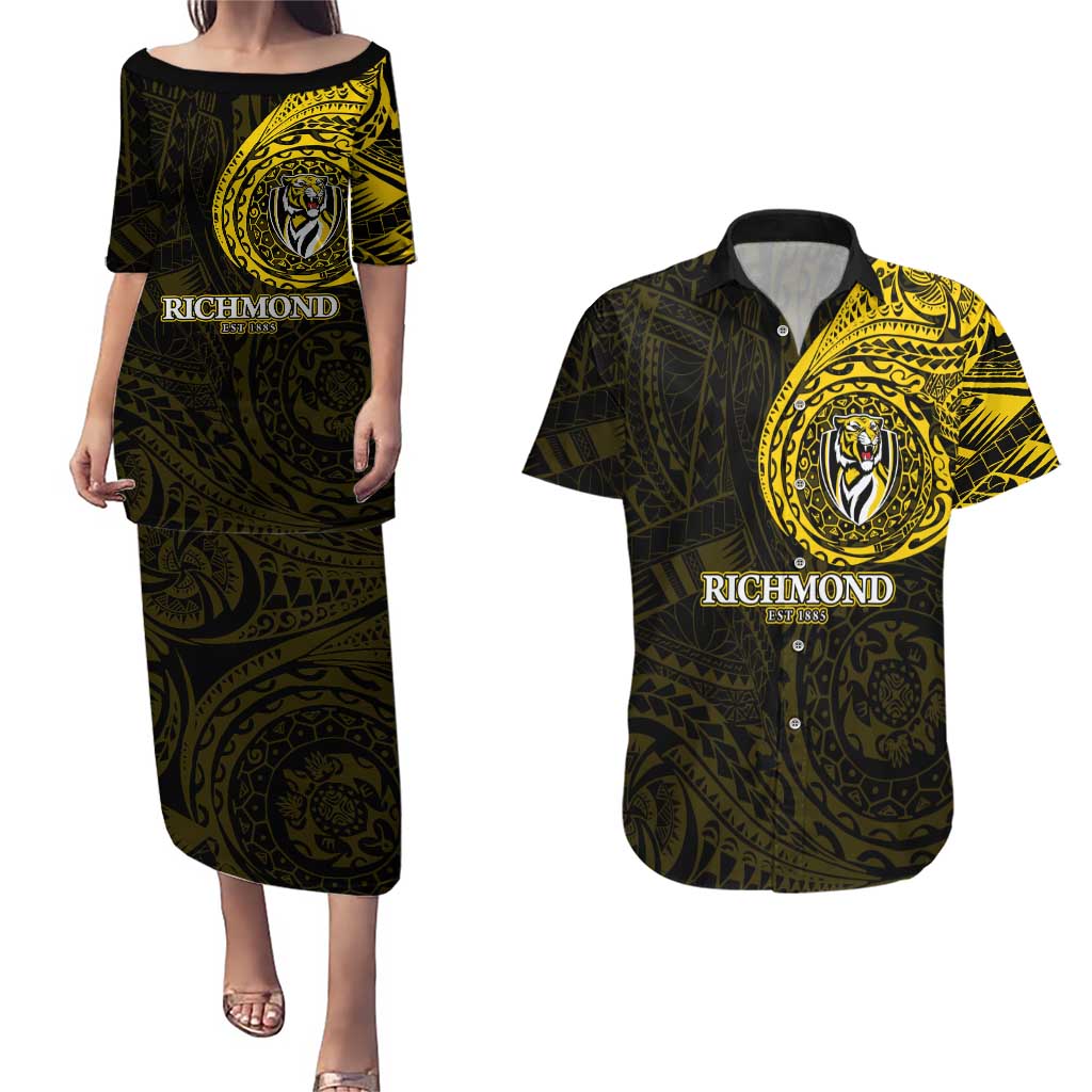 Personalized Richmond Tigers Polynesian Couples Matching Puletasi and Hawaiian Shirt Tribal Chest and Sleeve Tattoo Heritage Warrior
