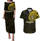 Personalized Richmond Tigers Polynesian Couples Matching Puletasi and Hawaiian Shirt Tribal Chest and Sleeve Tattoo Heritage Warrior