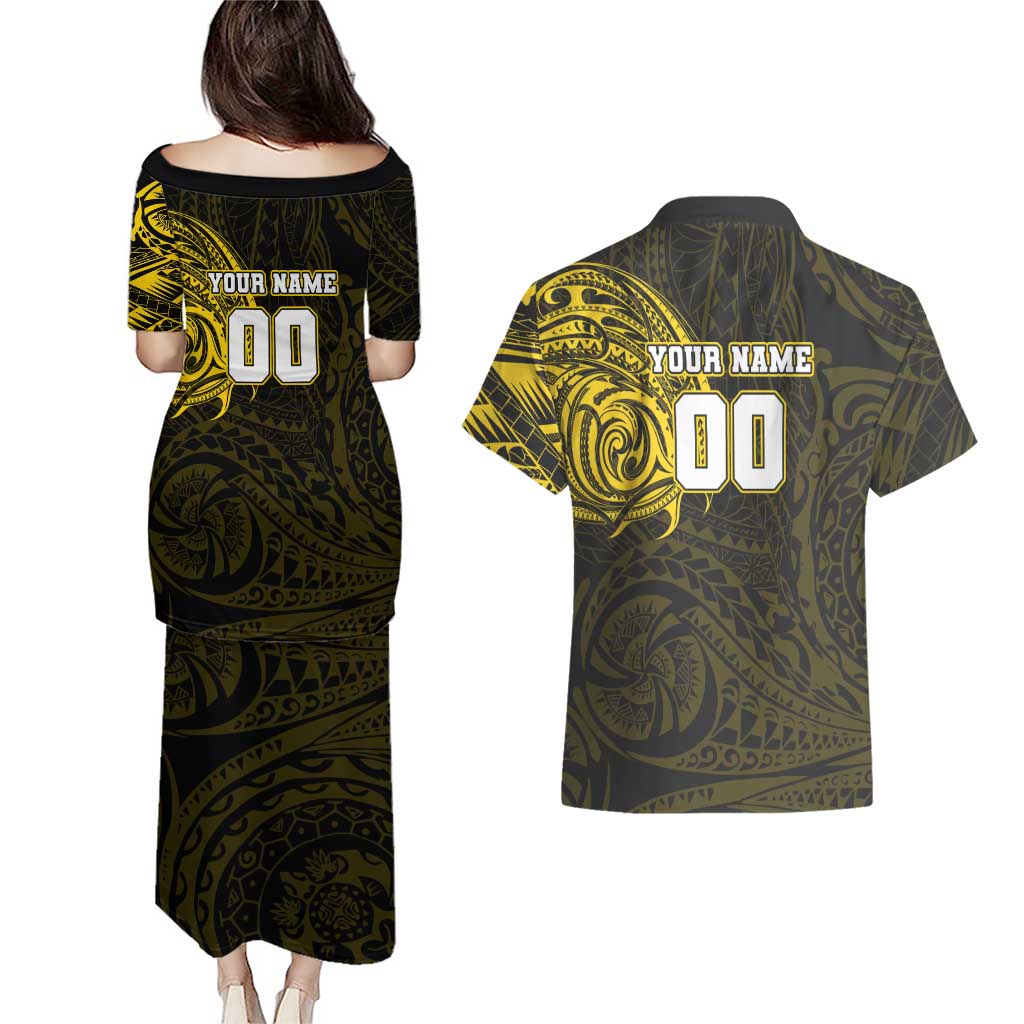 Personalized Richmond Tigers Polynesian Couples Matching Puletasi and Hawaiian Shirt Tribal Chest and Sleeve Tattoo Heritage Warrior