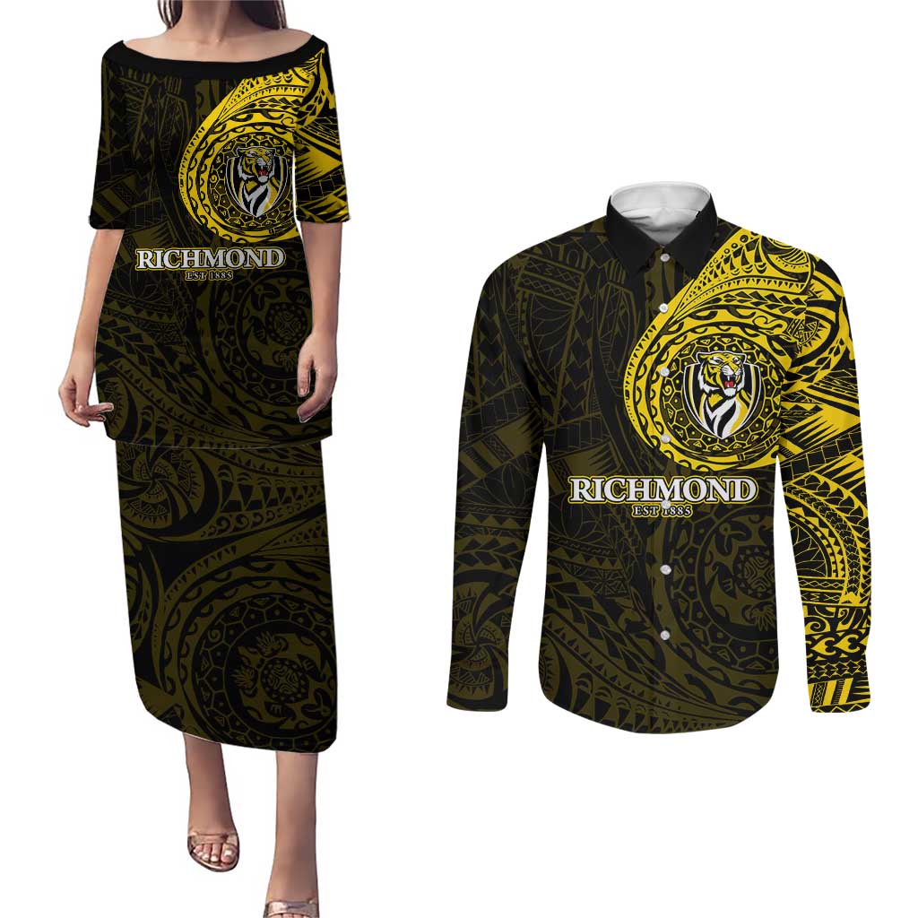 Personalized Richmond Tigers Polynesian Couples Matching Puletasi and Long Sleeve Button Shirt Tribal Chest and Sleeve Tattoo Heritage Warrior