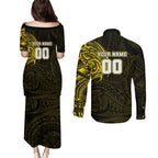 Personalized Richmond Tigers Polynesian Couples Matching Puletasi and Long Sleeve Button Shirt Tribal Chest and Sleeve Tattoo Heritage Warrior