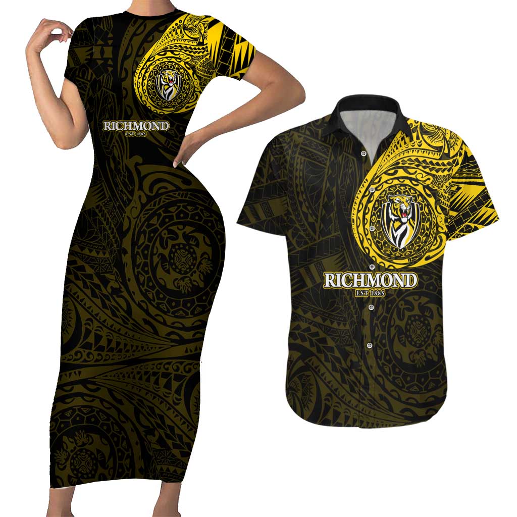 Personalized Richmond Tigers Polynesian Couples Matching Short Sleeve Bodycon Dress and Hawaiian Shirt Tribal Chest and Sleeve Tattoo Heritage Warrior