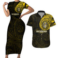 Personalized Richmond Tigers Polynesian Couples Matching Short Sleeve Bodycon Dress and Hawaiian Shirt Tribal Chest and Sleeve Tattoo Heritage Warrior