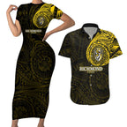Personalized Richmond Tigers Polynesian Couples Matching Short Sleeve Bodycon Dress and Hawaiian Shirt Tribal Chest and Sleeve Tattoo Heritage Warrior