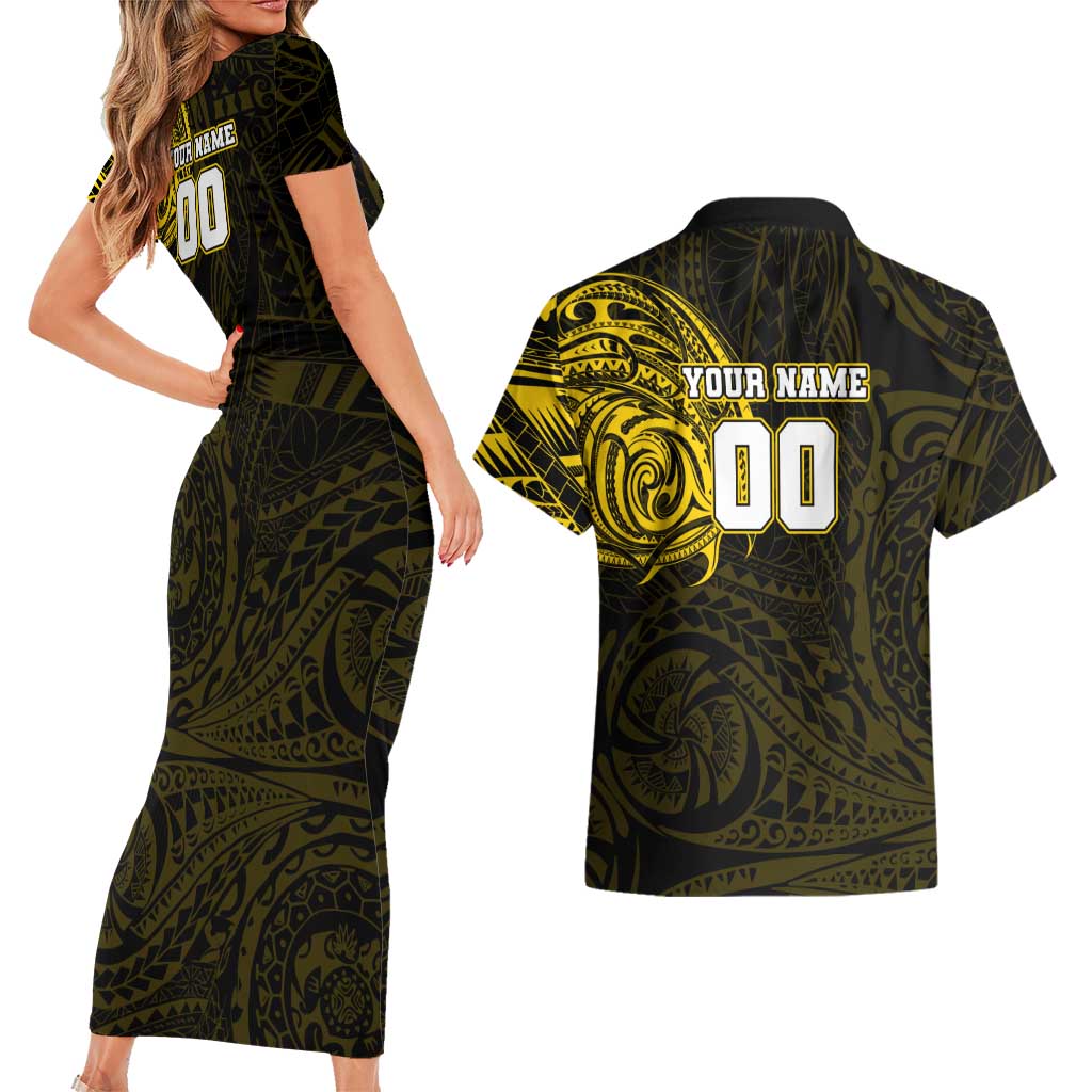 Personalized Richmond Tigers Polynesian Couples Matching Short Sleeve Bodycon Dress and Hawaiian Shirt Tribal Chest and Sleeve Tattoo Heritage Warrior