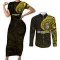 Personalized Richmond Tigers Polynesian Couples Matching Short Sleeve Bodycon Dress and Long Sleeve Button Shirt Tribal Chest and Sleeve Tattoo Heritage Warrior