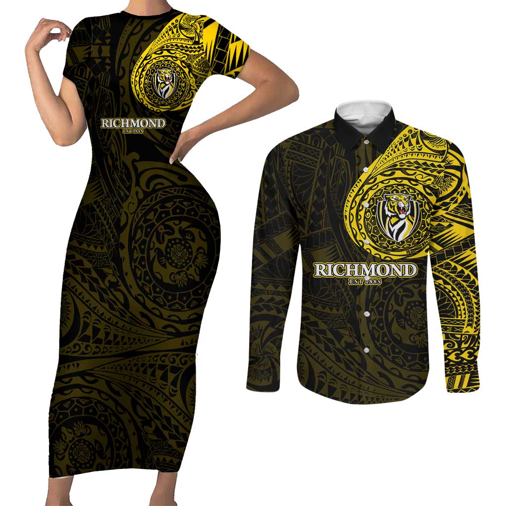 Personalized Richmond Tigers Polynesian Couples Matching Short Sleeve Bodycon Dress and Long Sleeve Button Shirt Tribal Chest and Sleeve Tattoo Heritage Warrior
