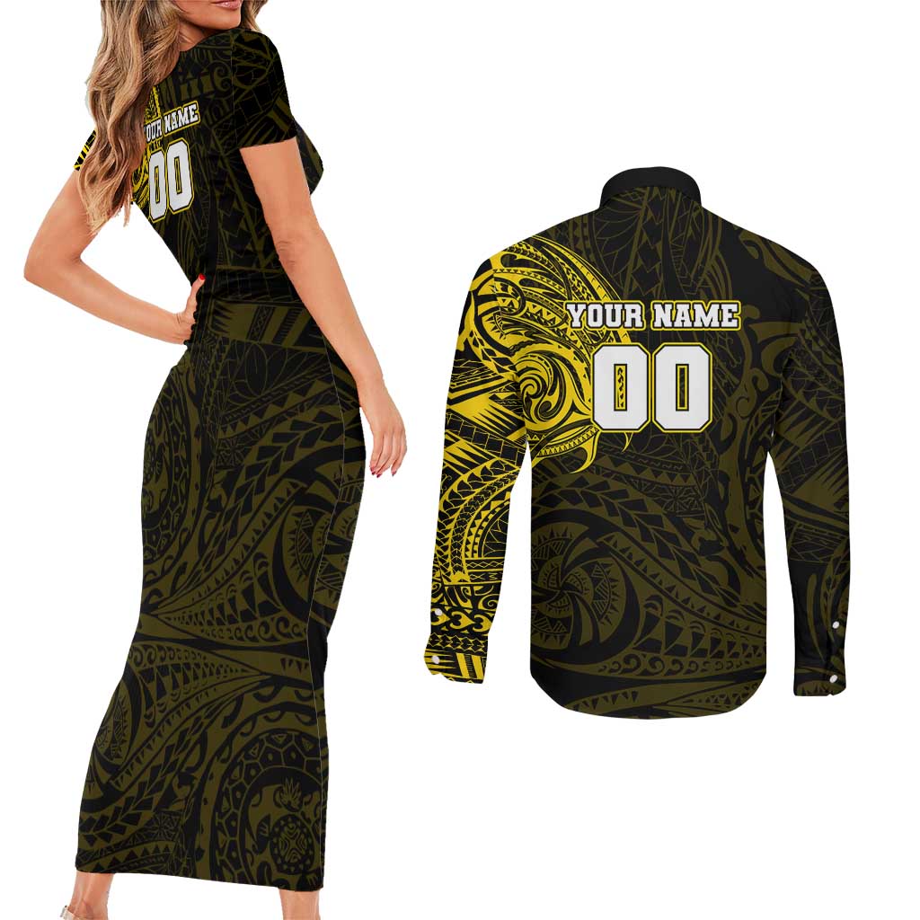 Personalized Richmond Tigers Polynesian Couples Matching Short Sleeve Bodycon Dress and Long Sleeve Button Shirt Tribal Chest and Sleeve Tattoo Heritage Warrior