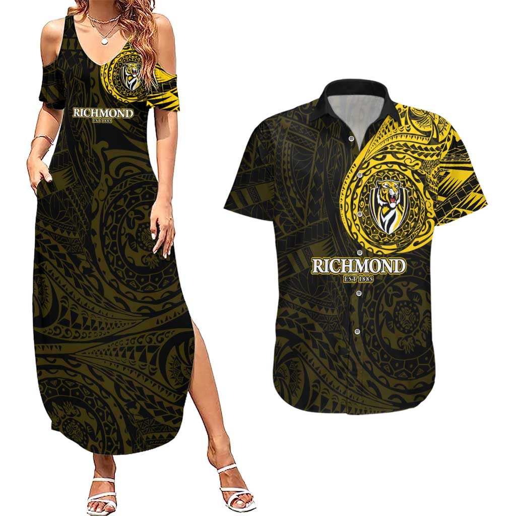 Personalized Richmond Tigers Polynesian Couples Matching Summer Maxi Dress and Hawaiian Shirt Tribal Chest and Sleeve Tattoo Heritage Warrior