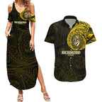 Personalized Richmond Tigers Polynesian Couples Matching Summer Maxi Dress and Hawaiian Shirt Tribal Chest and Sleeve Tattoo Heritage Warrior