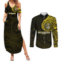 Personalized Richmond Tigers Polynesian Couples Matching Summer Maxi Dress and Long Sleeve Button Shirt Tribal Chest and Sleeve Tattoo Heritage Warrior